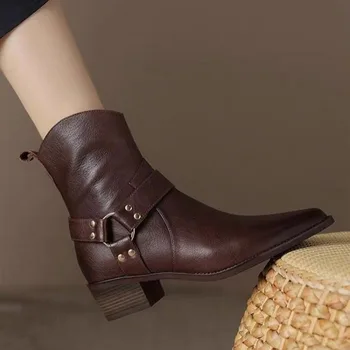 2023 Г. Висококачествени обувки, Дамски обувки със страничен цип, Зимните модни обувки с остри пръсти, обикновена, с къс бочком, на нисък ток, Zapatos