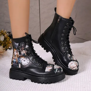 2023 Дамски обувки, дамски обувки дантела, зимни цветни обувки с кръгло бомбе, дамски модни обувки на средно гъст ток