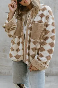 2023 Есен/зима, европейското и американското модно плюшевое палто за почивка, Дамско палто с цип с принтом в клетката