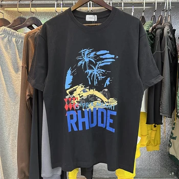 2023 Летни тениски с логото на Rhude За мъже и жени, ежедневни тениски за двойки, тениска с расата принтом, къс ръкав с бирками, облекла в стил аниме Rhude