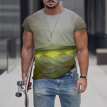 2023 Лятна мода Мъжка тениска с 3D принтом НЛО, Модна тениска на О-образно деколте Оверсайз, Мъжки Ежедневни Универсална тениска с къс ръкав в стил хип-Хоп, Топла Тениска