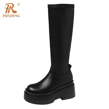 PRXDONG /2023 г., Нова Мода Есенно-зимни обувки в стил пънк, Дамски ботуши до коляното на масивна висок Ток и Платформа, Римски къси ботуши 34-39