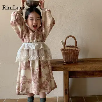 RiniLucia/ Хубава рокля за момичета, Новост 2023, Есен Дантелено Принцеса рокля с дълги ръкави и цветен модел, Детски дрехи, Детско парти за момичета 2-6 години