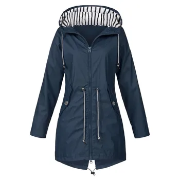 Women Solid Stripe Rain Jacket Outdoor Plus Hooded Raincoat Windproof якета, есенни женски chaqueta mujer дамско палто