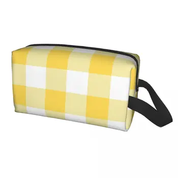 Горчично-жълта и бяла клетчатая чанта в широка лента за тоалетни принадлежности, косметичка за грим за жени, за носене за козметичен комплект за съхранение на козметиката