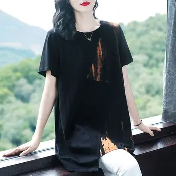 Дамски дрехи, летни удобни памучни тениски с принтом, ежедневни тениски с неправилна форма с къс ръкав, туники в корейски стил, върхове