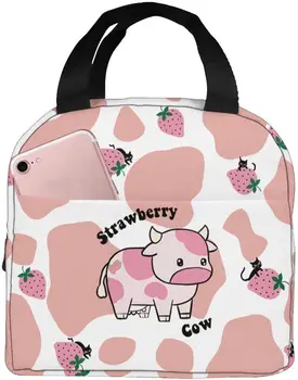 Дамски изолирано чанта за обяд с шарени розова анимационни крави, Ягодово мляко, за многократна употреба водоустойчив хладилник, кутия за обяд, преносим чанта