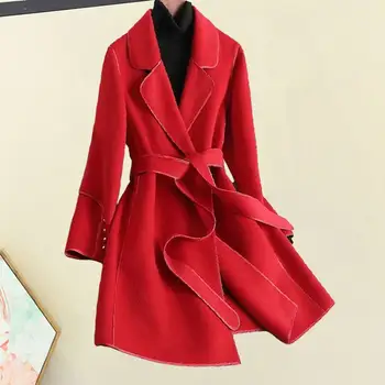 Дамско палто в корейски стил с колан, яка-на ревера, яке със средна дължина, Есенно-зимни дамски връхни дрехи
