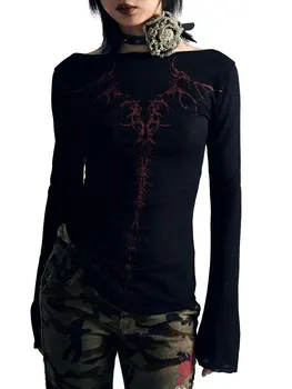 Женска Тениска с готическа графичен Дизайн Y2K, Блузи с Дълъг Ръкав, Ежедневни Ризи в стил Харадзюку с естетически цветен Модел, Приталенная Блуза на 90-те години, Градинска Облекло за електронна Момичета