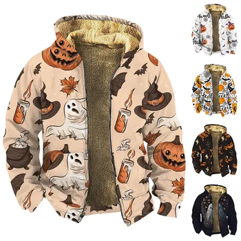 Зимно палто за мъже с индивидуален принтом за Хелоуин, с качулки, с ципове, с дълъг ръкав, плюс кадифе стеганая яке Jaqueta Masculina