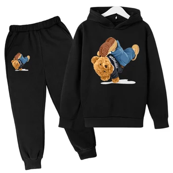 Комплект детски блузи с качулка, памук топ, панталони, комплекти от 2 теми, пролетно-есенен детски дрехи за улични танци, потници за момчета и момичета с шарени мечок от анимационен филм