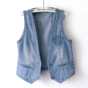 Корейската версия на Универсалната формата монтиране на кратък джинсового жилетка за жени, Пролетно-летни дрехи 2023, Нова жилетка, потник без ръкави Z1693