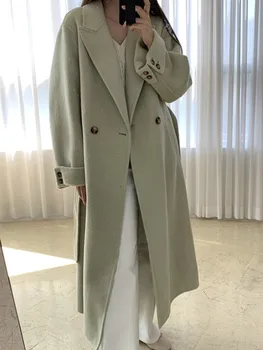 Корейското Модно Дамско Вълна палто с Дълъг ръкав, Есен Нова Ежедневни Однотонная Дамски Дрехи С Джоб 2023, Винтажное Свободно Палто