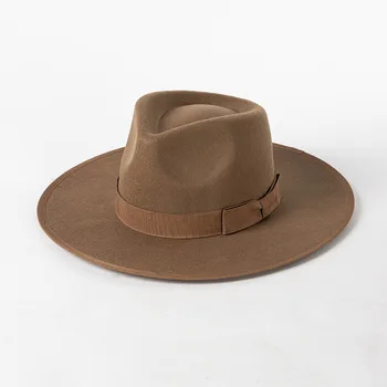 Луксозен дамски панама от австралийска вълна, зимна шапка с широка периферия, с панделка, филц шапки, с твърда корона, дамска шапка chapeau