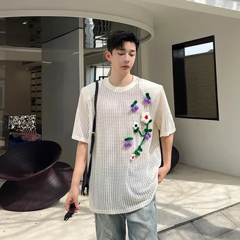 Лятна окото трикотажная тениска с къс ръкав 2023, мъжки корейската мода, тениски с 3D пузырьковым цвете, върхове