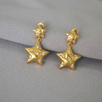 Малки Дизайнерски са замъглени Месингови обеци-игла със златно покритие и Блестящи Цирконий във формата на Звезда от сребро проба 925
