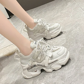 Модерен дамски спортни обувки от окото на материал на платформата е 8 см, Пролет-есен, Масивни, Дишащи обувки, Дамски ежедневни обувки на дебела подметка дантела