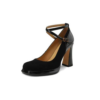 Модни Дамски тънки обувки в стил Ретро с високи токчета 2023, Пролет-лято, Нови дамски обувки на Мери Джейн в масивна ток с квадратна глава