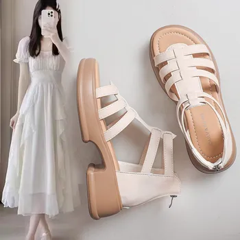 Модни дамски сандали, новост лятото 2023, Мека подметка, наклонен ток, Цип отзад, Модни римски сандали, Просто дамски обувки