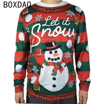 Мъжки Коледна тениска с Коледните принтом Снежен човек, Мъжки t-shirt, Есенни Ежедневни блузи с кръгло деколте и дълъг ръкав, Размер Plu 6XL, Мъжки ризи
