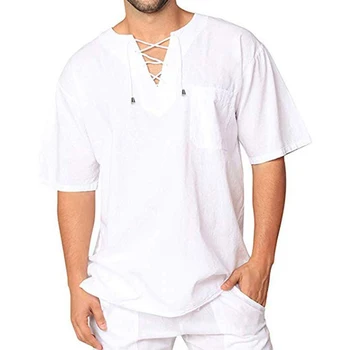 Мъжки ризи От памук и лен, Дишаща тениска с V-образно деколте и дантела, Лятна ежедневна блуза с джобове, тениски, мъжки уличен топ
