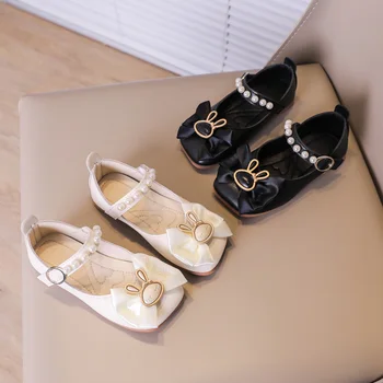 Обувки Mary Janes за момичета на сватба, детски обувки на принцесата със заек и перли, модни детски кожени обувки с квадратни пръсти