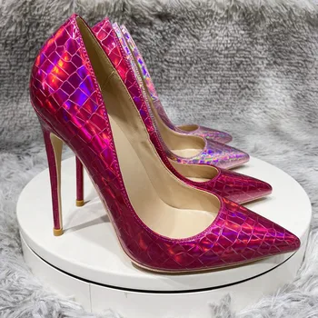 Розови Лазерни Женски Модел обувки с ефект на Крокодилска кожа и Остър пръсти на висок Ток Пикантни женски Лъскави обувки-лодка на висок ток 8 см 10 см на 12 см
