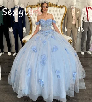 Сини Буйни рокля на Пепеляшка 2023, Луксозни 3D Флорални орнаменти, бродирани с мъниста, Двойка Xv, Рокля на Принцеса за рождения Ден, Елегантна Рокля за бала, расшитое мъниста
