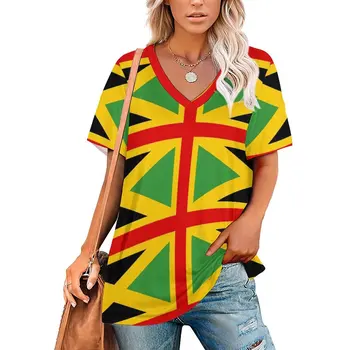 Тениска със Знамето на Ямайка, от Британски Ямайски Готини Тениски, Дизайнерска Тениска с V-образно деколте и къс Ръкав, Женски Улични Модни Тениски, Голям Размер 4XL