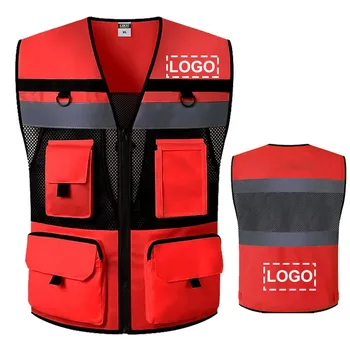Червен защитна жилетка Със светлоотразителен лого или текст, обичай Жилетка Hi Vis, с джобове, Мъжки Пътно-строителна работно облекло