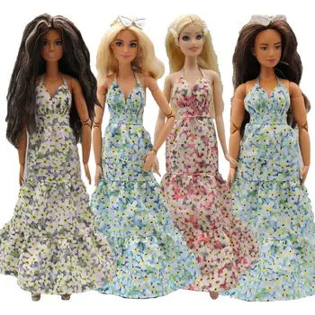 облекло за кукли 30 см, Елегантна многослойно рокля с цветен модел с дължина до гърба, Аксесоари, Дрехи за пищна кукла Барби