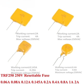 10ШТ PPTC TRF250-060 Предпазител с възможност за нулиране на TRF250-2000 250V 0.06 A 0.08 0.12 A A 0.145 A 0.2 0.4 A A 0.8 A 1A 2A 2000MA Стъпка 10 мм
