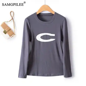 2023, Есен-зима, проста женска тениска с дълъг ръкав и писмото принтом, еластична однотонная тънка долна риза, потник, дамски