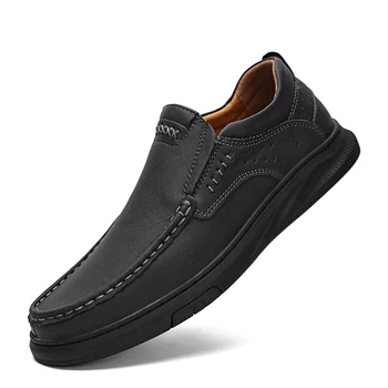 2023, Мъжки Класически Черни Кожени обувки, Ежедневни мека кожена обувки дантела, Мъжки модни градинска обувки за ходене, Мъжки маратонки