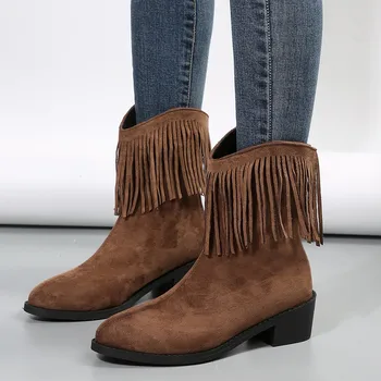2023 Нова дамски обувки от Флока с ресни и пискюли, Каубойски ботильоны в западен стил, Дамски обувки за каубои, без закопчалка на сплъстената квадратен ток