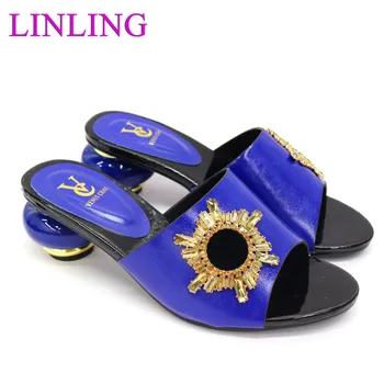 2023 Специални записване на Сватбени обувки в синьо от Нигерия, Италиански Есенни обувки на висок ток, за сватба, Елегантни обувки с декорация във формата на кристали