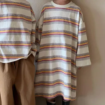 7117 Облекло за брат и сестра, тениски с дълъг ръкав, Новост есента 2023, Корейската раирана тениска за момче, Ежедневна дълга рокля-тениска за момичета