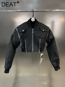 DEAT 2023 Есенна мода яке с висока деколте и дълъг ръкав, с няколко обков-ципове, джобове, черно късо палто, женски 11XX5329