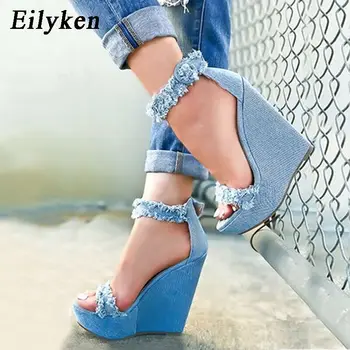 Eilyken/ Дизайнерски дънкови сандали в Римски стил; Летни дамски сандали с високо качество на танкетке и високи токчета; Обувки на платформа с отворени пръсти