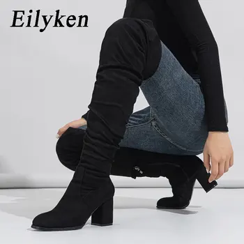 Eilyken / Новост 2023 г.; Зимни дамски ботфорты над коляното с цип; Модни Обувки от Флока на квадратен ток до бедрата; Botas De Mujer