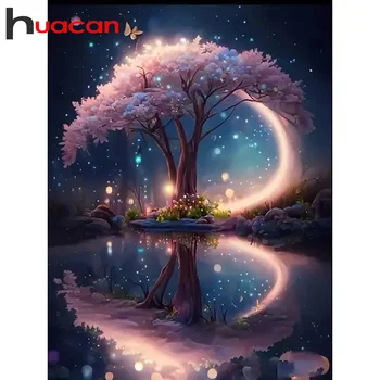 Huacan Диамантен Комплект За бродиране Дърво Луната Езеро Пълна Кръгла Мозайка Пейзаж Сам Занаяти 30х40 см Декорация на дома