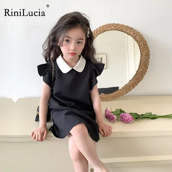 RiniLucia/ Лятна рокля за Малки момичета, на Новост 2023 г., Модни Детски рокли с дълъг ръкав и Отворотами, Детски Рокли за Момичета, широки Дрехи за момичета