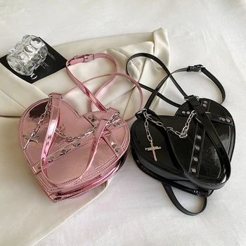 Y2K Реколта Корея Малка чанта на верига, портфейл във формата на сърце, чанти, Розови Готически дамски чанти-тоут от изкуствена кожа, Дамски чанти през рамо