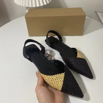 ZA / нови плетени дамски сандали на равна подметка с флип от облегалка, летни черни сандали с остри пръсти, модерни офис дамски джапанки, Удобни обувки на равна подметка за по-големи Размери