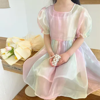 deer jonmi/ 2023, Летни преливащи рокли Принцеса в корейски стил за малки момичета, детско празнично бална рокля с пищни ръкави