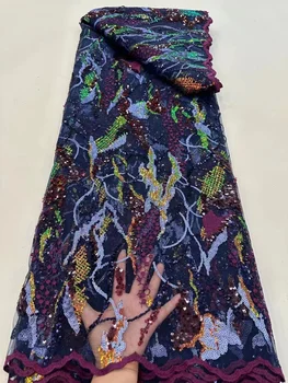 Африканска Лилаво Лейси плат с пайети 2023, Висококачествена мрежа с бродерия, Нигерийски Френски Тюл, Дантела материал за Сватбена рокля