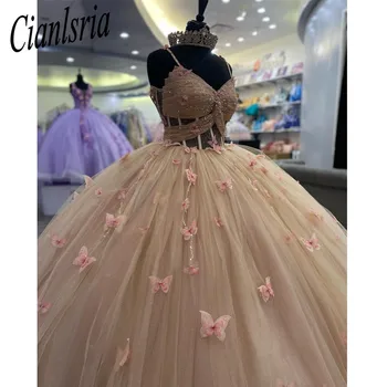 Бална рокля цвят Шампанско, Буйни Рокли 2023 С открити рамене, Апликации във формата на Пеперуди, Кристали, Vestido De 15 Años 16th Prom Party