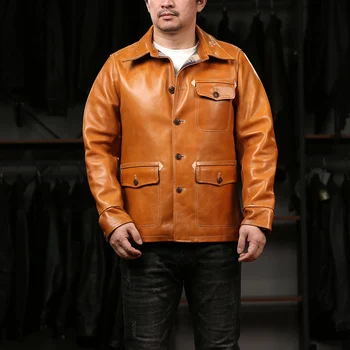 Висококачествени младежки палто от естествена кожа, мъжки Оранжеви мотоциклетни байкерские Модели, модни яке от телешка кожа с масло и восък