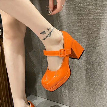 Дамски обувки Mary Jane / Новост 2023 г.; Женски обувки-лодка на платформата с квадратни пръсти на масивна ток 7 cm; Оранжево нескользящие дамски обувки на висок Ток; по-Големи Размери 35-45
