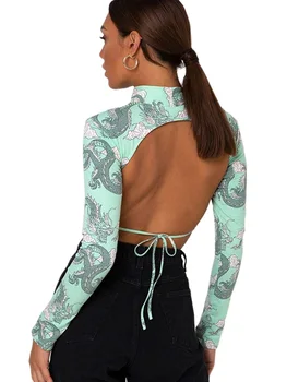 Дамски съкратен тениски с изображение на дракон, Блузи с дълъг ръкав и отворен гръб, секси тениски, Дамски укороченная облегающая еластична облекло